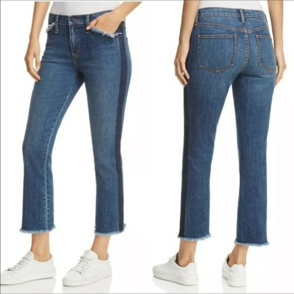 TORY BURCH Raw Hem Cropped Straight Jeans Size 27 Blue Denim With Contrast Panel